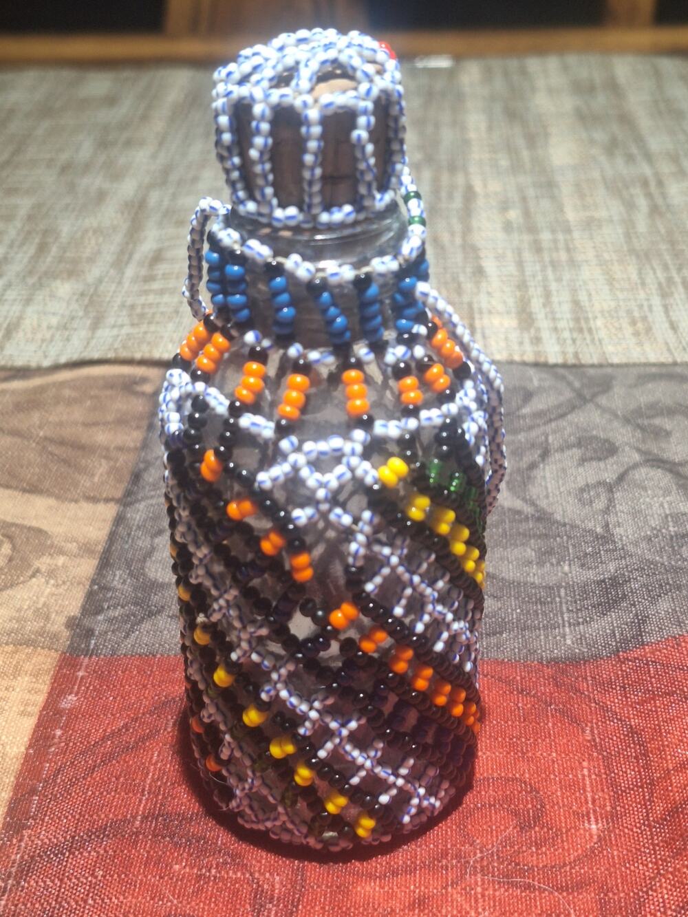 Vintage South African Zulu Style Hand Beaded Glass Bottle Cork Folk Art 5"